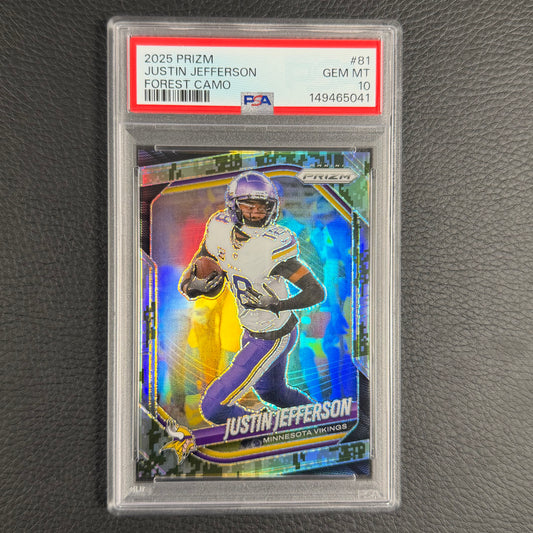2025 NFL Prizm Justin Jefferson Forest Green /15 PSA 10