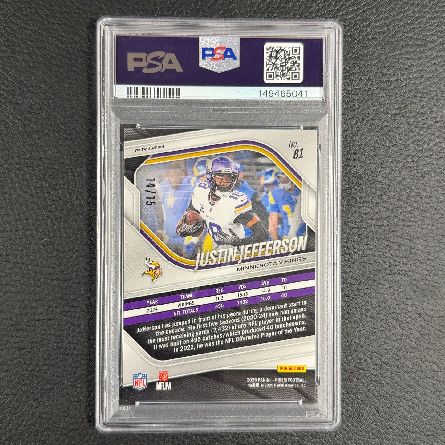 2025 NFL Prizm Justin Jefferson Forest Green /15 PSA 10