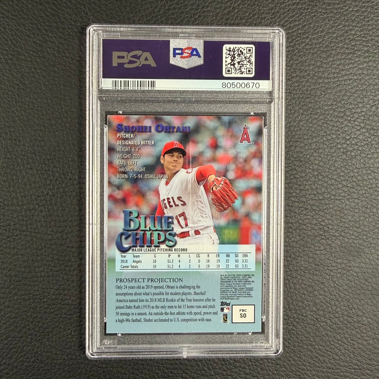 2019 MLB Topps Finest Shohei Ohtani Blue Chips PSA 10